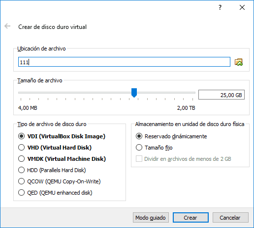 Crear de disco duro virtual Crear de disco duro virtual