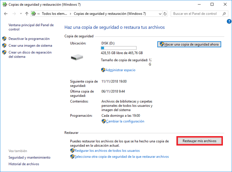 Restaurar mis archivos Restaurar mis archivos