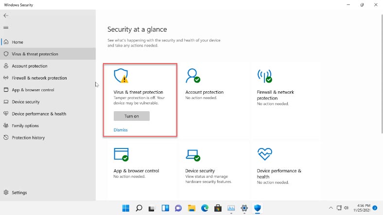 Protection status – disabled Protection status – disabled