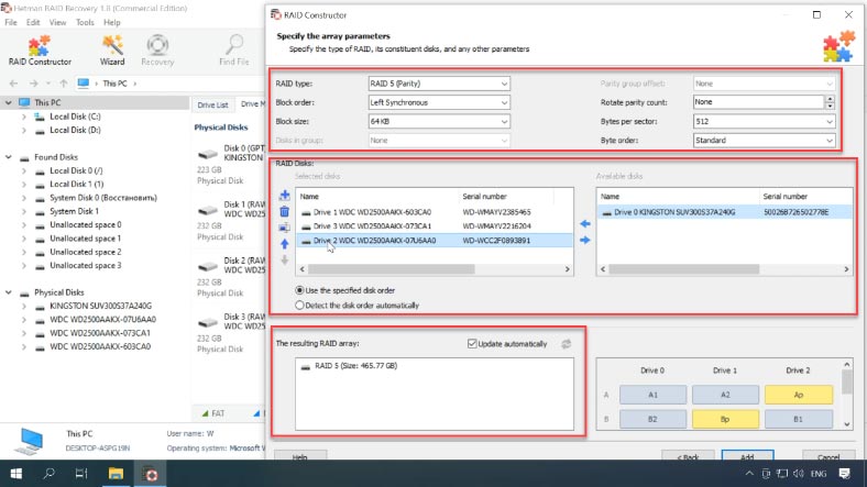 Sélectionnez le type RAID, la taille et l'ordre des blocs Sélectionnez le type RAID, la taille et l'ordre des blocs