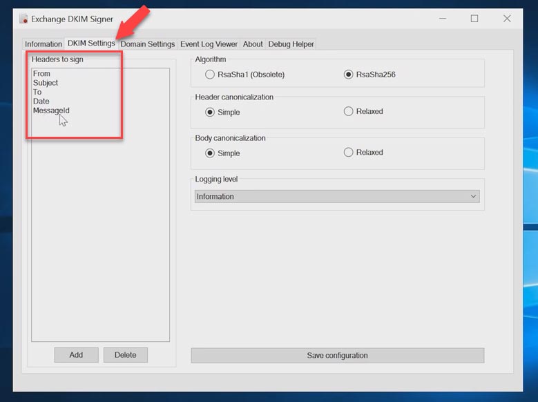 Вкладка DKIM Settings Вкладка DKIM Settings