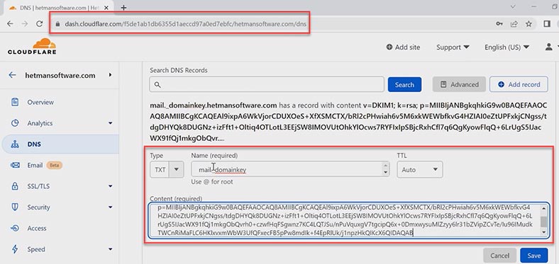 Створюємо новий DNS запис з ключем DKIM Створюємо новий DNS запис з ключем DKIM