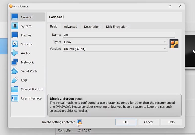 Ändern der Einstellungen der neuen VirtualBox VM