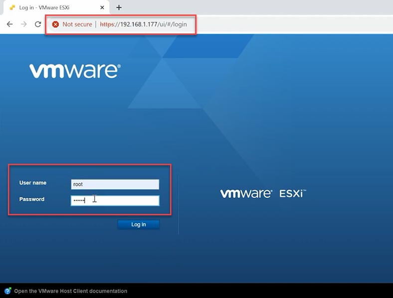 Beim ESXi-Host-Webpanel anmelden Beim ESXi-Host-Webpanel anmelden