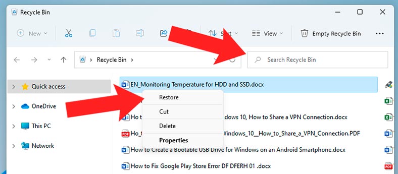 Papeleira do Windows: clique com o botão direito do rato no ficheiro e seleccione Restaurar Papeleira do Windows: clique com o botão direito do rato no ficheiro e seleccione Restaurar