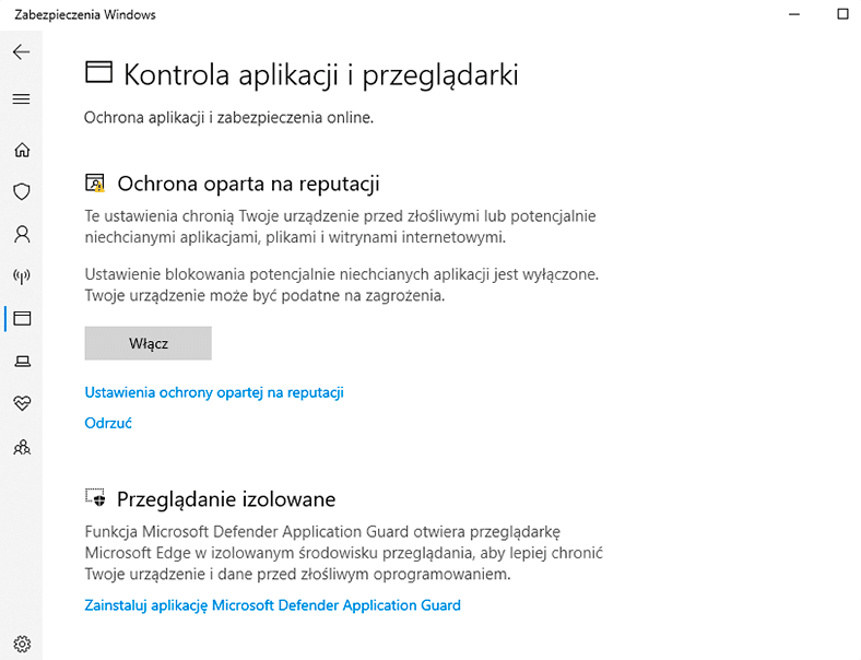 Centrum zabezpieczeń Windows Defender: Zarządzanie aplikacjami / przeglądarkami Centrum zabezpieczeń Windows Defender: Zarządzanie aplikacjami / przeglądarkami