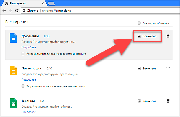 Включение/Отключение расширения Chrome Включение/Отключение расширения Chrome